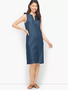 Talbots Embroidered Denim Shift Dress Chambray Cotton Sleeveless V-Neck Size 14 - Picture 1 of 13