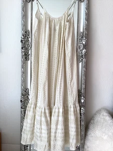 F&F. Pretty Cream Crinkle Cotton Mix, Gold Thread, Strappy Tiered Maxi Dress. M - Picture 1 of 6