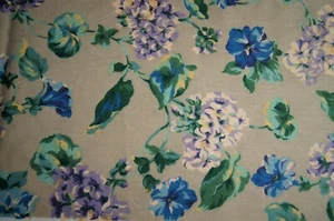 2+ Yards Blue Pink Lilac Flowers on Beige Cotton Drapery Fabric 93" X 52"  - Picture 1 of 3