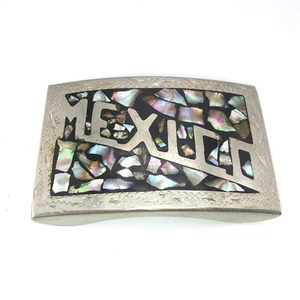 Hebilla de cinturón vintage artesanal de México con incrustaciones de ónix y abulón 3" X 2,25" - Imagen 1 de 7