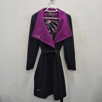 Ted Baker Lorah черный шерсти кашемира смесь подпоясанный Midi надежном пальто размер 5 Великобритании 16 - Изображение 1 из 4