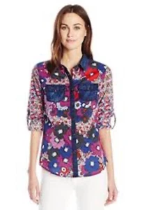 Desigual Button Snap Shirt Damen L Denim Blumen Patchwork Taschen Art To Wear - Bild 1 von 11