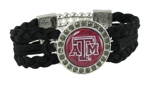 Texas A&M Aggies Multi Braided Black Leather Crystal Bracelet Red TAMU Jewelry Cover