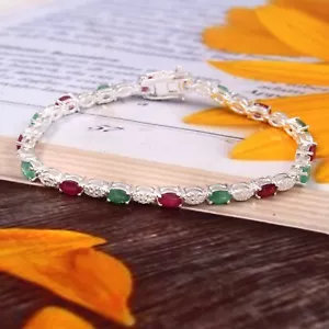 15.ct Oval Cut Natural Ruby & Emerald Women tennis Bracelet 925 Sterling silver - Picture 1 of 4