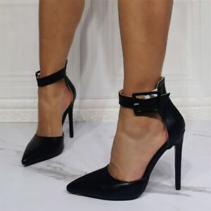 Women Pu Leather Pointy Toe Summer Ankle Strap stiletto High Heel Sandals Club
