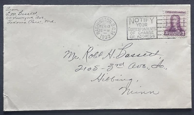 US 1933 FDC 2nd Day Sc#726 DC Takoma Park GENERAL OGLETHORPE Bassett Hibbing MN - Image 1 of 2