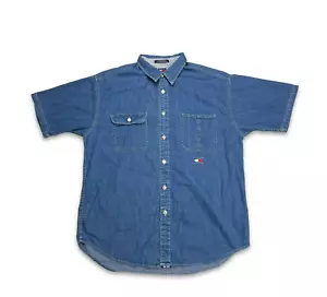 Camisa Tommy Hilfiger De Colección Para Hombres XL Azul Tommy Jeans Bandera Logo Años 90 Abotonada - Imagen 1 de 7