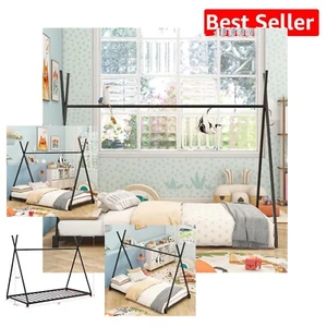 Twin Metal House-Shaped Floor Bed with Triangle Structure for Child Safety - Picture 1 of 9