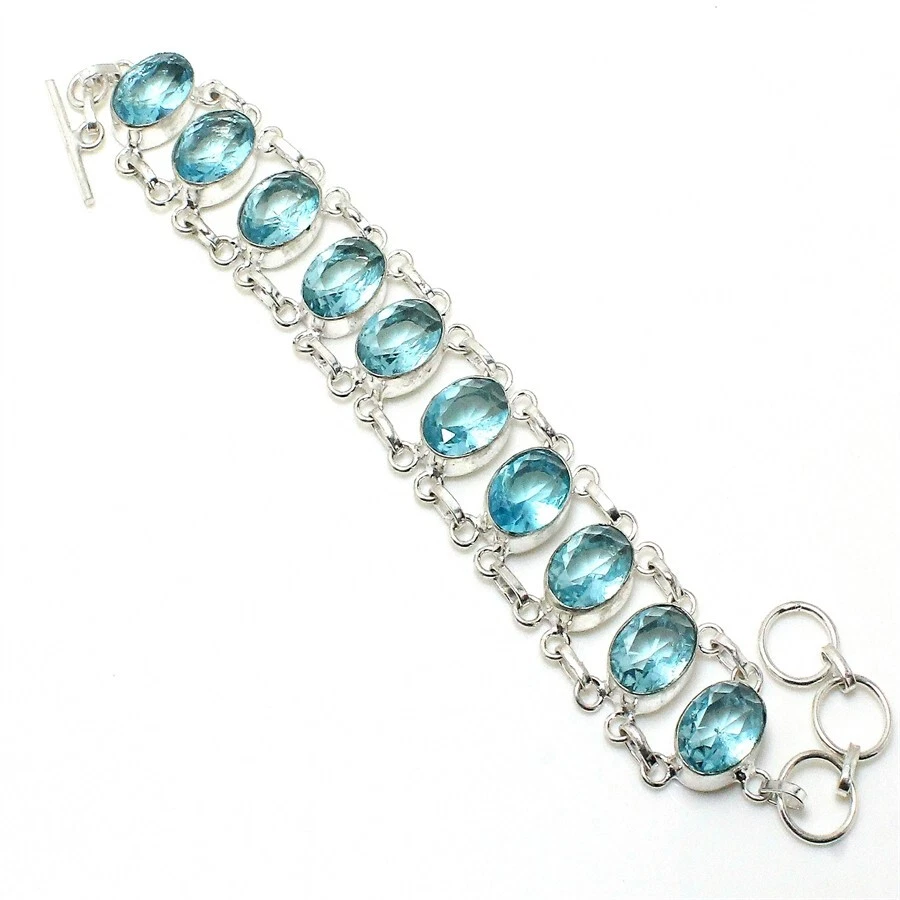 Aqua Aquamarine Gemstone Handmade 925 Sterling Silver Jewelry Bracelet Size 7-8" - Image 1 of 1