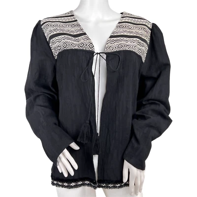 Cárdigan negro con borla de yugo estampado tribal Top flecos dobladillo mezcla de lino talla XL Foto 1 de 4