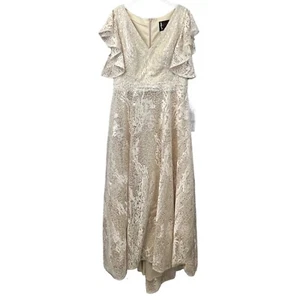 Nuevo vestido adornado Mac Duggal para mujer cuello en V manga acampanada marfil/desnudo talla 14 - Imagen 1 de 13