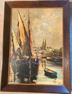 tableau Bretagne Huile signée encadrée  port de Quimper sur l'Odet régionaliste - Photo 1/4