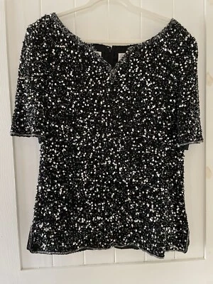 Blusa Top Mujer Vintage SCALA 1X Lentejuelas Seda Manga Corta Negra Fiesta Vacaciones Foto 1 de 4