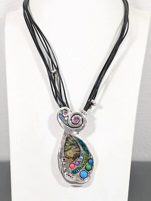 Boho Tribal Abalone Blue Pink Bold Pendant Black Multi Cord Necklace 21" - Image 1 of 4