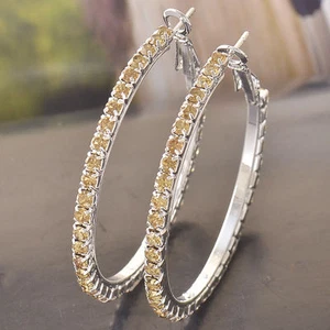 Great New Silver White Gold Plated Champagne Crystal CZ 1.7" Round Hoop Earrings - Picture 1 of 3