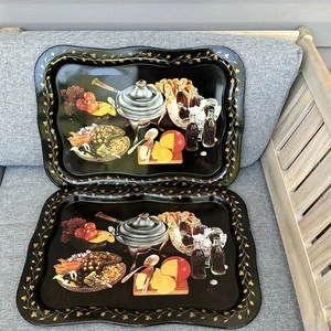Vintage Tin Tole Black Tray Coke Coca-Cola Bottles Cheese FONDUE 1956 Set of 2 - Picture 1 of 8