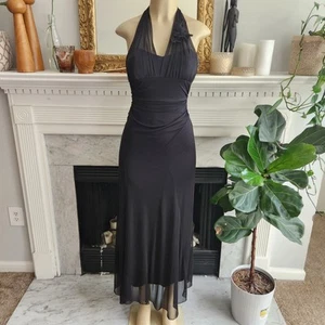 Vtg 80s City Triangles Black Dress Halter Mesh Sheer Stretch Ruched Sz M - Picture 1 of 9
