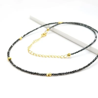 Hermoso collar hecho a mano con cuentas de piedras preciosas redondas facetadas de diamantes negros de 18" Foto 1 de 4