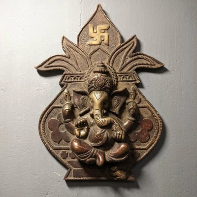 Handcrafted Brass Ganesh Wall Hanging: Indian Relief Art Decor - Image 1 of 4