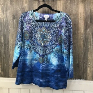 T-shirt Chico's Zenergy blu stampa mandala taglia L - Foto 1 di 3
