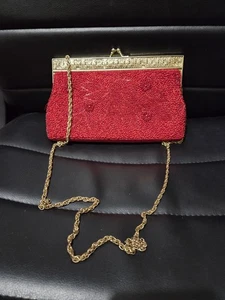Vintage 9" Red Beaded Clutch/Purse With Gold Strap & Clasps Holiday Ready - Picture 1 of 11
