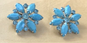 Vintage Ohrclips Türkis Weiß Strass & Milchglas - Bild 1 von 5