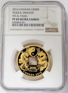 2016 GOLD CANADA 588 MINTED $200 1oz TIGER & DRAGON YIN & YANG PROOF NGC PF 69UC - Picture 1 of 2
