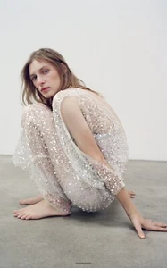 Zara white dress NWT Long Sequin Dress m 5919/817 backless long sleeve NWT - Picture 1 of 8