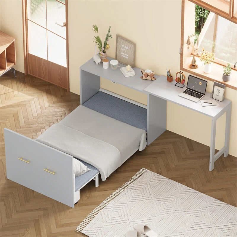 Mueble cama Murphy tamaño doble con escritorio de posición ajustable y cojín plegable, gris Foto 1 de 4