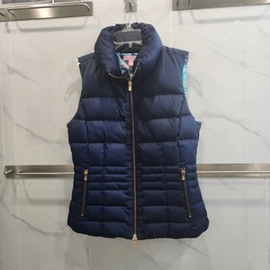 Lilly Pulitzer Navy Blue Puffer Vest Pink Green Elephant Lining Ladies Sz S M - Picture 1 of 7