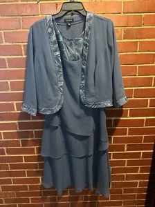 Le Bos Dress Shrug Jacket Set Womens 14 Knee Length Flower Beaded Blue Wedding - Picture 1 of 8