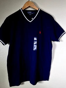 Polo by Ralph Lauren Navy Blue White Red Pony Logo V-Neck T-Shirt Junior Small - Picture 1 of 5