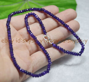 Fine 2x4mm Amethyst Faceted Roundel Gems Beads Necklace Silver Clasp AAA