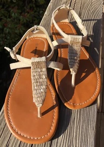 The Avenue::Womens Gold Bugle Bead & Shimmery Ultrasuede Sandals::Size 8W - Picture 1 of 6