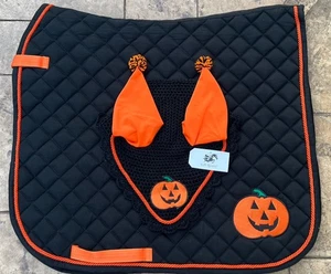 Halloween Pumpkin Dressage Horse English Saddle Pad Set Fly Bonnet Veil Ear Net - Picture 1 of 1