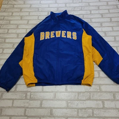 MLB Milwaukee Brewers Majestic Blue Yellow Spellout Fleece Lined Jacket Mens L - Image 1 of 4