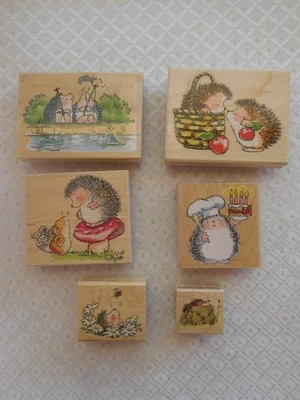 Лот из 6 пенни черный деревянный резиновый штампы еж рыболовства рюкзак гриб яблоко - Изображение 1 из 4