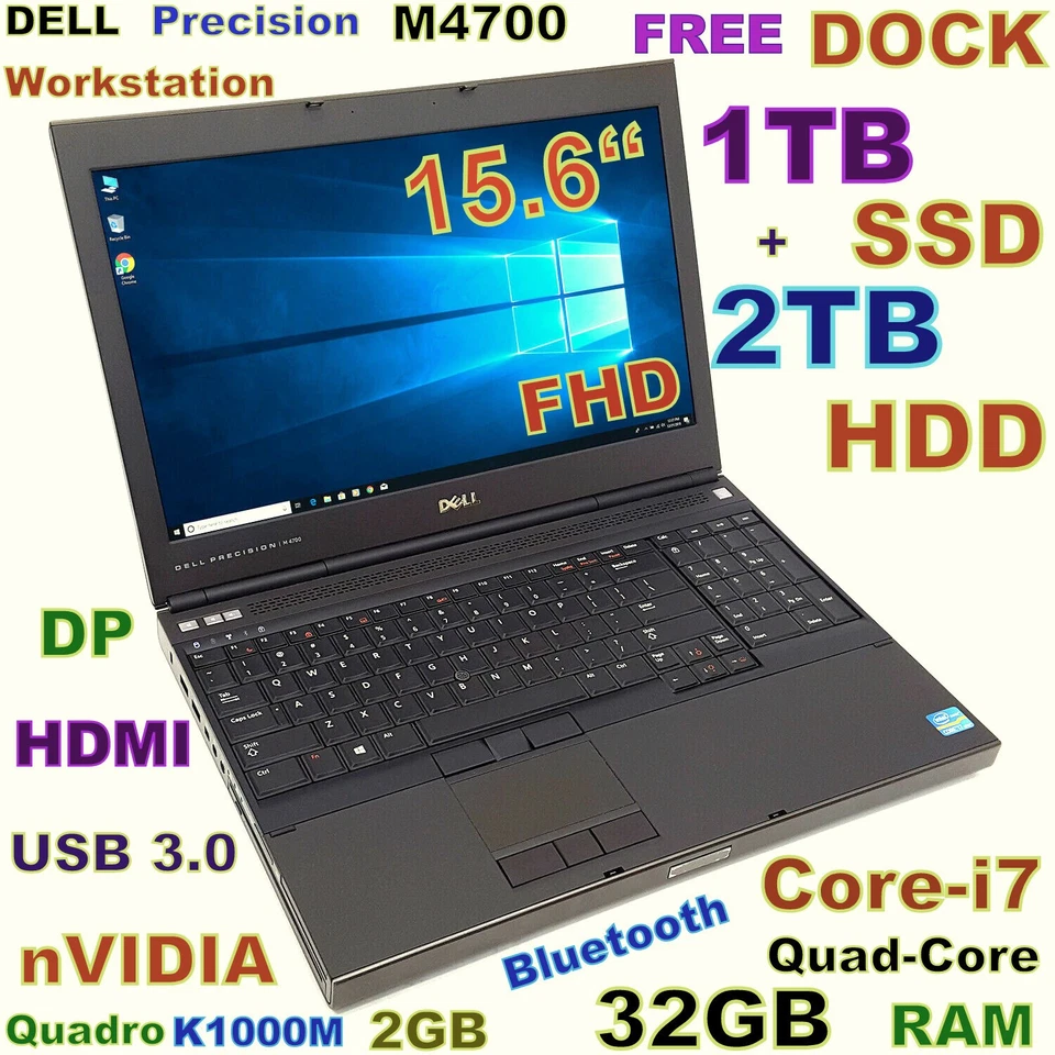 Workstation DELL M4700 i7-QUAD (1TB SSD + 2TB HDD) 32GB 15.6" FHD Quadro 2GB - Image 1 of 4