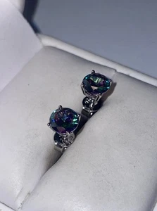 ESTATE Solid Sterling Silver 6mm Round-Cut Mystic Topaz Stud Earrings Set - Picture 1 of 4