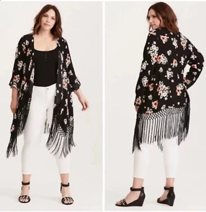 TORRID Womens Sz 2 (2X/18-20) Floral Print Crepe Fringe Kimono Open Front - Picture 1 of 8