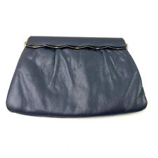 Vintage Etra Navy Leather Clutch Foldover Clasp Gold Tone Frame Cocktail Party