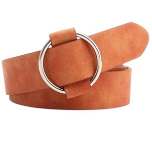 103cm Women's Camel Genuine Leather Retro Belt with Silver Metal Round Buckle - Picture 1 of 1