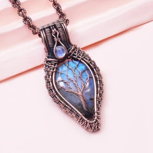 Labradorite Moonstone Tree of Life Pendant Blue Wire Wrapped Healing Jewelry - Picture 1 of 5