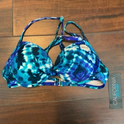 NWT California Waves Blue Tie Dye Push Up Underwire Bikini Top Size XS - Image 1 of 4