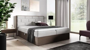 Boxspringbett Bett BEILA 140x200cm Dunkel Eiche Stoff Hellgrau inkl. Bettkasten - Bild 1 von 3