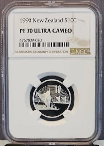 1990 NEW ZEALAND SILVER 10 CENTS SAIL BOATS NGC PF 70 ULTRA CAMEO RARE POP 1 - Picture 1 of 3