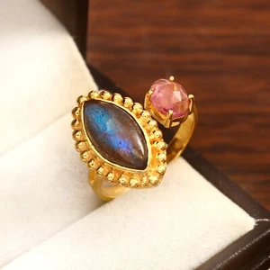Natural Labradorite & Pink Tourmaline Ring,925 Sterling Silver Gold Plating Ring - Picture 1 of 4