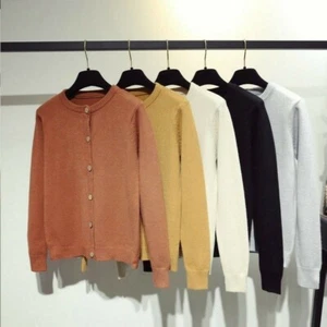 Women Cardigan Knitted Sweater Coat Shirt Blouse Crew Neck Long Sleeve Outwear - Picture 1 of 16