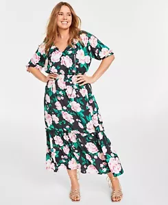 On 34th Plus Size Elbow-Sleeve Tiered Maxi Dress, Deep Black Combo SZ 1X - Picture 1 of 4