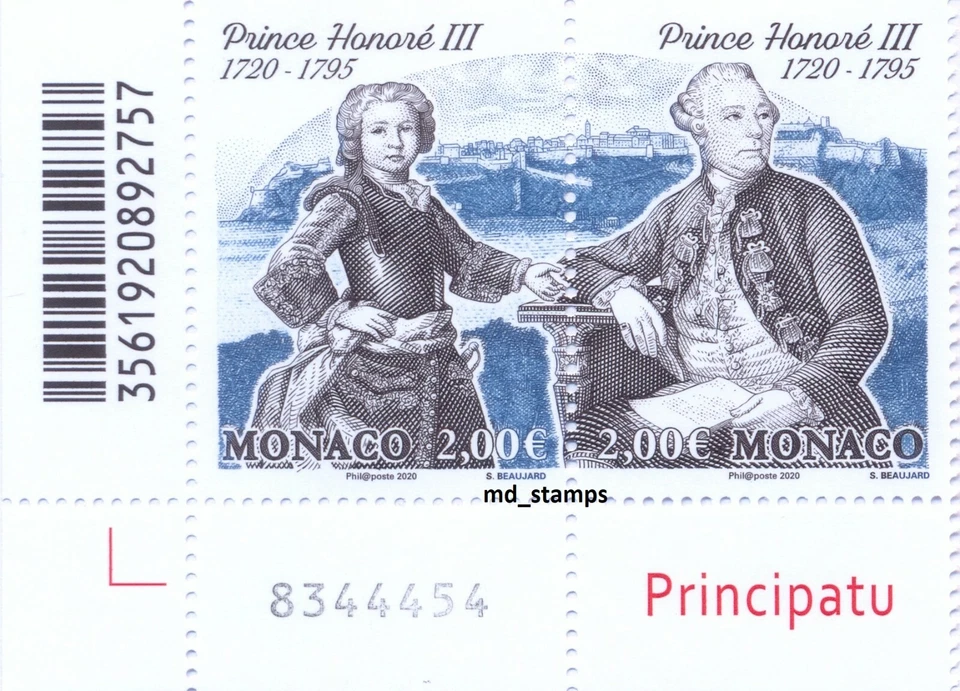 Par de selos Mônaco 2020 300º aniversário do príncipe honoré iii, sem marca de charneira - Imagem 1 de 2